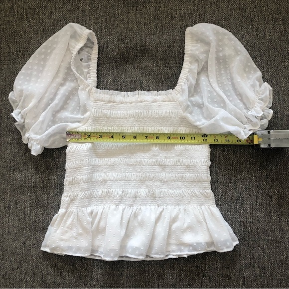 EXPRESS WHITE SMOCKED PUFF SLEEVE TOP, SIZE PETITE SMALL - Picture 3 of 10